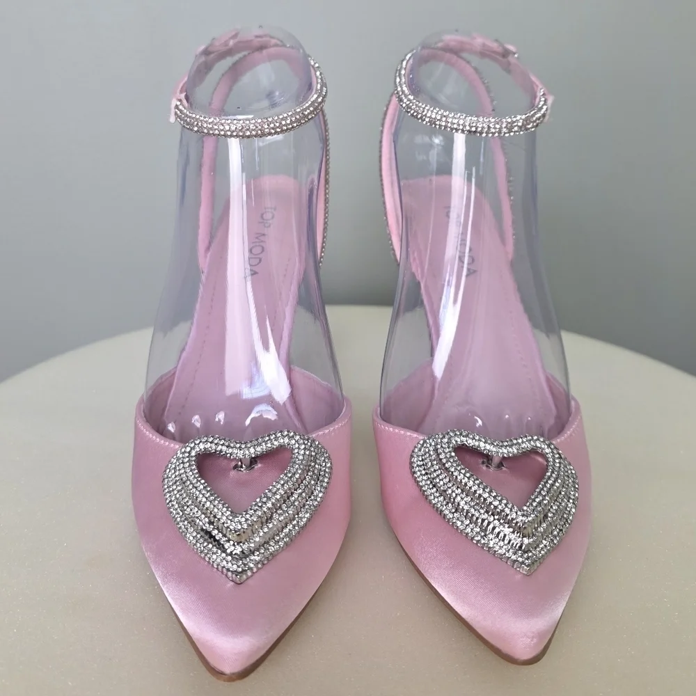 TOP MODA Pink Satin Freya Pointed Toe Sparkly Heart Ankle Strap Heel, Size 6.5